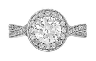 Twisted diamond shank halo engagement ring