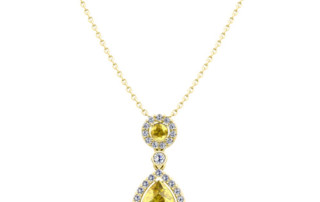 pear yellow sapphire drop-pendant in 14k gold halo diamond necklace