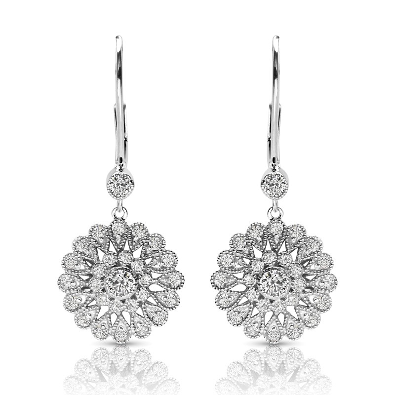 14 karat white gold vintage look diamond flower cluster earrings 14 karat white gold vintage look diamond flower cluster earrings